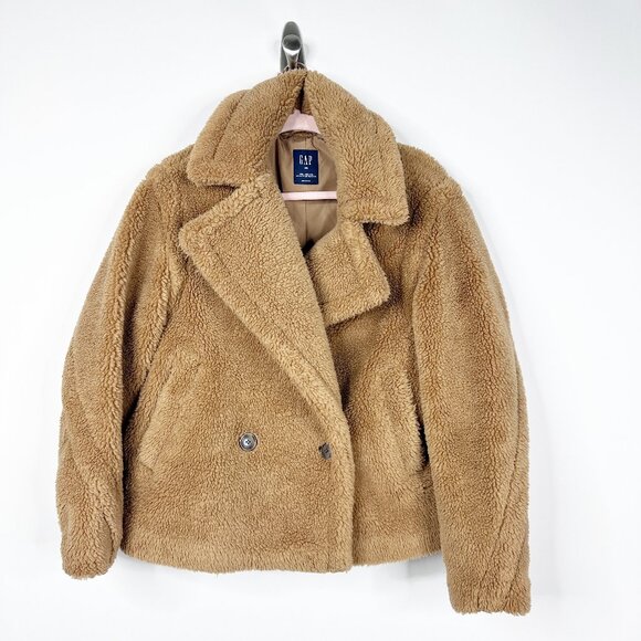 GAP Sherpa Moto Jacket Holiday Brown XS Teddy Coat Fuzzy Furry Cozy Camel #A1125 - Picture 4 of 10